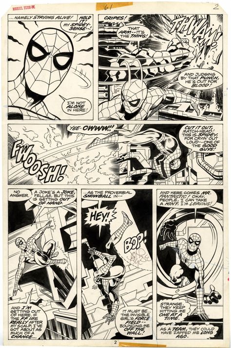 MARVEL TEAM-UP #61 PAGE ( 1977, JOHN BYRNE ) PRIME ERA BYRNE PAGE WITH SPIDER-MAN IN EVERY PANEL FENDING OFF AN ATTACK BY THE SUPER-SKRULL Comic Art Manga Spiderman, Black And White Comic Art, Spiderman Comic Books, Spiderman Poster, Party Prizes, Comic Book Art Style, John Byrne, Comic Book Panels, Comic Book Pages