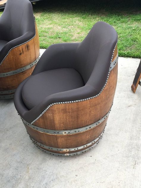 Whiskey Furniture, Barrel Dining Chairs, Wine Barrel Chairs, Wine Barrel Decor, Barrels Diy, Whiskey Barrel Furniture, Barrel Chairs, Barrel Projects, Wine Barrel Furniture