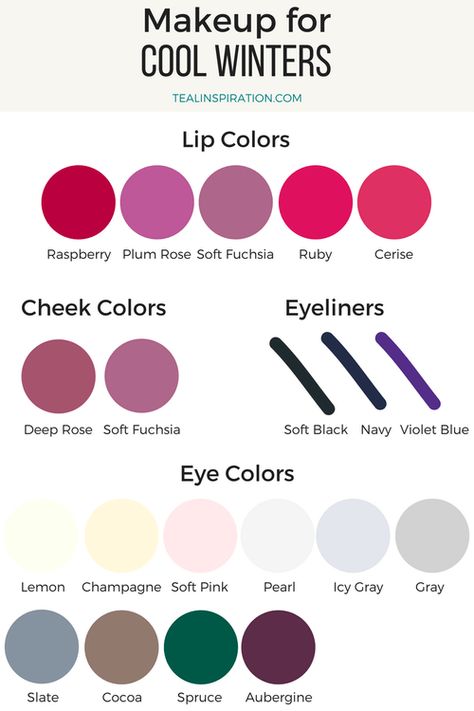 Cool Winter Makeup Colors Warm Spring Makeup, Winter Make-up, Soft Autumn Makeup, Warm Spring Color Palette, Teal Inspiration, Winter Make Up, Light Spring Color Palette, Cool Winter Color Palette, Deep Winter Palette