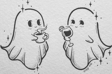 @crisp.ink.la Matching lil ghosties for Casey  Thank y'all again for reaching out 🖤 Crisp Ink Ghost, Ghost Couple Drawing, Halloween Inspired Tattoos, Crisp Ink, Easy Hair Drawings, Coffee Cup Tattoo, Friendship Tattoo, Cup Tattoo, Sheet Ghost