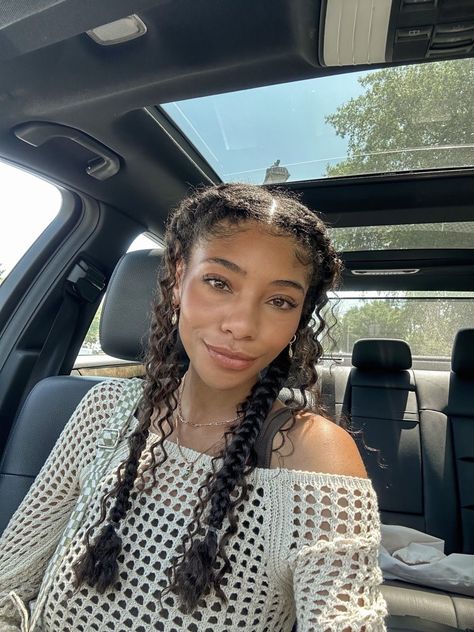 Curly Hair With Some Braids, Curly Hair Loose Braid, Curly Natural Braids, Earth Day Hairstyles, Two Braids Hairstyle Curly Hair, Curly Braid Ideas, Natural Hair Styles Summer, Curly Hair And Braids Hairstyles, Summer Hair Styles Curly Hair