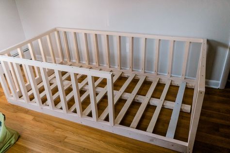 DIY twin floor bed with rails that your toddler will love - If Only April Twin Bed Rails, Build Floor Bed, Floor Crib Diy, Floor Bed Frame Toddler, Diy Full Floor Bed, Floating Toddler Bed, Toddler Floor Bed Twin Size, Toddler Floor Bed Twin, Floor Beds For Twins