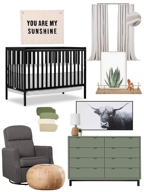 Black White And Sage Nursery, Sage Green And Black Nursery, Black And Green Nursery, Green And Black Nursery, Sage Nursery, Green Nursery Boy, Cream Nursery, Black Crib, Black Nursery