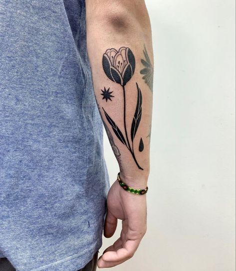 Transitional Tattoos, Thick Black Line Tattoo, 4cm Tattoo, Feminine Symbol Tattoo, Folk Flower Tattoo, Top Of Hand Tattoos, Black Line Tattoo, Outer Forearm Tattoo, Tattoo Catalog