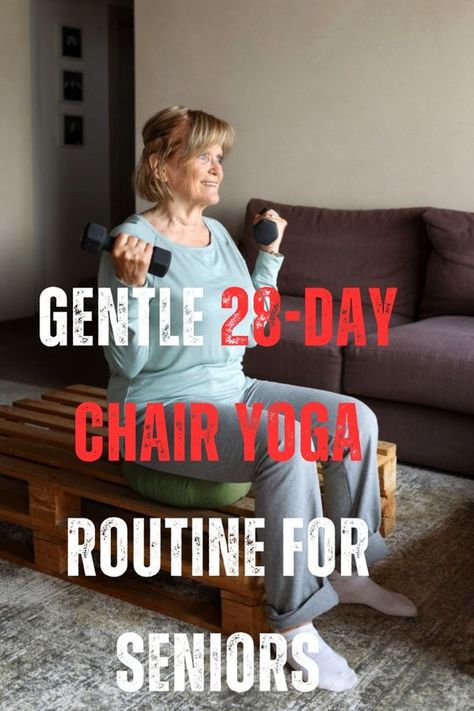 Experience the benefits of a gentle yoga practice with our 28-day chair yoga routine, specially designed for seniors. This program focuses on enhancing flexibility, balance, and relaxation, making it perfect for older adults looking to maintain an active lifestyle. With easy-to-follow instructions, you'll enjoy a safe and supportive practice that fits seamlessly into your daily routine. Join us and feel rejuvenated! Free Chair Yoga For Seniors Chart, Free Chair Yoga For Seniors, 28 Day Chair Yoga For Seniors Free, 28 Day Chair Yoga, Chair Yoga Challenge, Free Chair Yoga, Chair Yoga For Beginners, Chair Yoga For Seniors, Knee Replacement Exercises