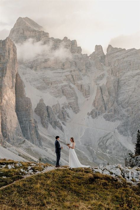 Elopement location inspiration from this stunning mountain side in the Dolomites. Have you seen a more beautiful location for a private vow reading? #hikingelopement #dolomites #dolomiteselopement Connections Photography, Mountain Hut, Sunrise Elopement, Sunrise Mountain, Hiking Elopement, Mountain Huts, The Dolomites, Elopement Ceremony, Mountain Elopement