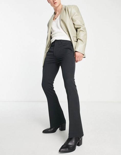 Suit pants by ASOS DESIGN Down-low looks High rise Belt loops Functional pockets Flared skinny fit Black Flare Pants Outfit Men, Flare Pants Men Outfit, Black Bell Bottom Outfit, Black Flare Pants Outfit, Flare Outfit, Bell Bottoms Outfit, Black Trousers Casual, Smart Pants, Black Flare Pants