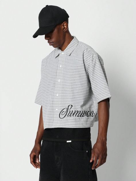 Crop Fit Checkered Shirt With Embroidery Light Grey Casual  Short Sleeve Woven Fabric Letter,Plaid Shirt Non-Stretch  Men Clothing, size features are:Bust: ,Length: ,Sleeve Length: Cropped T Shirt Men, Cropped Polo Outfit Men, Cropped Shirt Men, Crop Shirt Outfits, Kiki Core, Cropped Shirt Outfit, Polo Outfit Men, Crop Top Men, Cropped Outfits