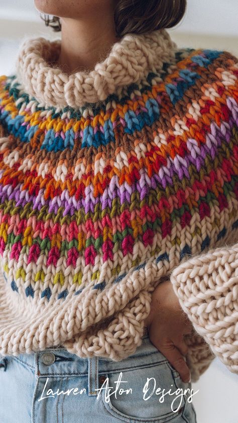 Colorful Sweater Knitting Pattern, Diy Chunky Knit Sweater, Cute Knit Patterns, One Ball Of Yarn Knitting Projects, Cool Knitted Sweater, Chunky Jumper Knitting Pattern, Yarn Advent Calendar, Homemade Knitted Sweaters, Knit Look Crochet Sweater