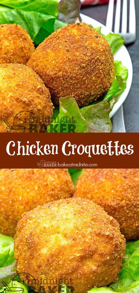 You can't get more retro than chicken croquettes. Use your leftover chicken or turkey in this signature comfort food. Leftover Chicken Patties, Chicken Croquettes Easy, Easy Chicken Comfort Food Recipes, Chicken Fritters With Canned Chicken, What To Do With Leftover Chicken, Baked Croquettes, Baked Chicken Croquettes, Chicken Coquette, Leftover Chicken Recipes Healthy