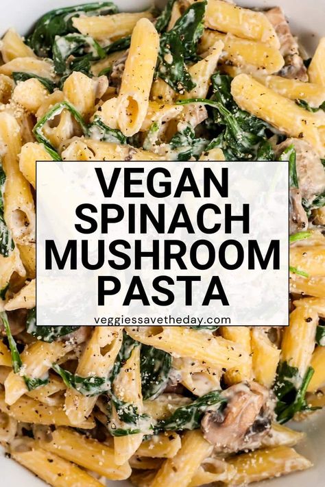 Creamy Vegan Spinach Mushroom Pasta is easy to make in under 30 minutes with only a few ingredients. You won't miss the dairy in this delicious pasta recipe made with raw cashews and vegan parmesan-style cheese. Pasta With Mushrooms And Spinach, Pasta Spinach Mushrooms, Vegan Mushroom Pasta Sauce, Creamy Mushroom Pasta Vegan, Vegan Mushroom Broccoli Pasta, Spinach Mushroom Pasta, Tofu Pasta, Mushroom Recipes Vegan, Vegan Pasta Dish