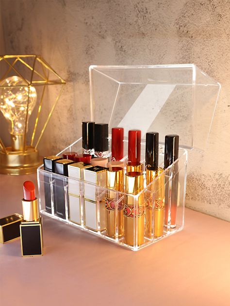 Clear    Plastic Plain Storage Boxes Embellished   Beauty Tools Plain Makeup, Clear Lipstick, Jewelry Shein, Lipstick Storage, Lipstick Box, Girls Lipstick, Lipstick Organizer, Perfume Display, Organization Jewelry