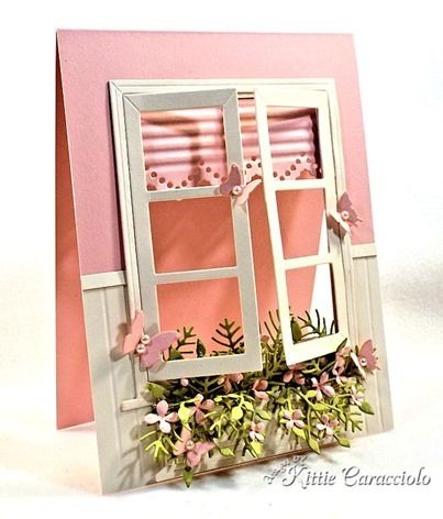 window card by Kittie Caracciolo Impression Obsession Cards, Craftsman Tools, Impression Obsession, Large Window, Window Cards, Frame Card, Spring Cards, Open Window, Pop Up Cards