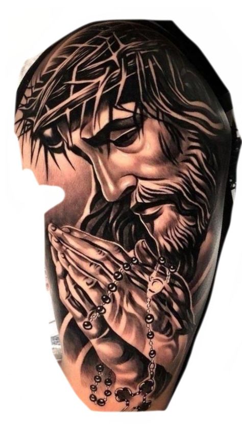 Jesus Praying Tattoo, Jesus Face Tattoo, Tattoo Jesus Cristo, Rosen Tattoo Mann, Jesus Tattoo Sleeve, Christus Tattoo, Praying Hands Tattoo Design, Religion Tattoos, Jesus Christ Tattoo