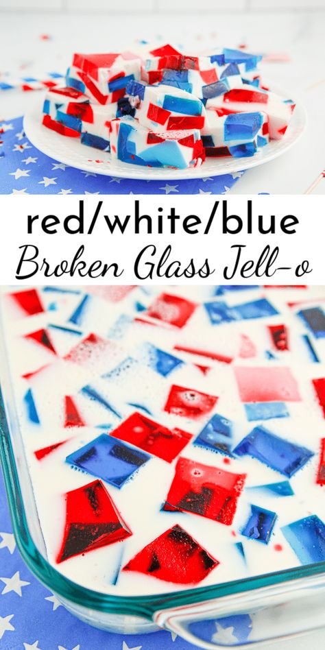 Patriotic broken glass jell-o is a fun, colorful, and delicious dessert that's perfect for any summer occasion.  It's easy to customize the colors for any event! via @nmburk Patriotic Jello Salad, Flag Jello Mold Recipe, 4th Of July Jello Salad, Fourth Of July Jello Desserts, Patriotic Jello Desserts, Red White And Blue Jello Desserts, 4th Of July Jello Desserts, Fourth Of July Jello, Patriotic Jello