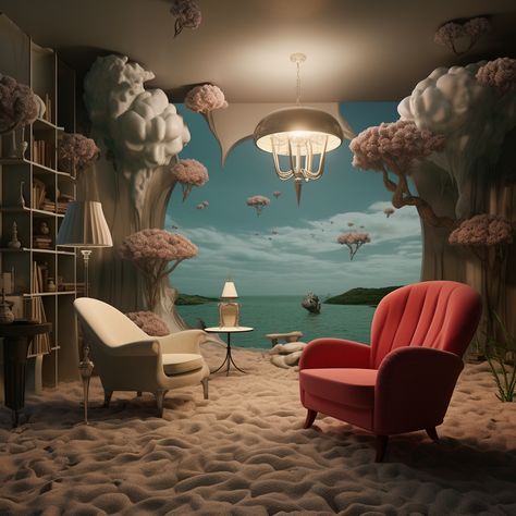 Surrealism: Exploring the irrational and dreamlike, often with juxtaposed and unexpected elements. Surrealist Party Decorations, Surrealism Interior Design, Surrealism Room, Surreal Decor, Surrealist Ball, Magazine Ideas, Studio Interior Design, Coffee Club, Common Area