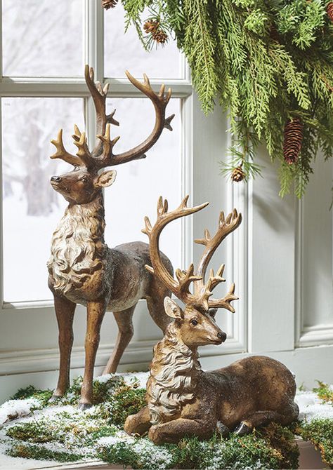 Forest Themed Christmas Decor, Brass Deer Christmas Decor, Christmas Decor With Deer, Decorating With Reindeer For Christmas, Reindeer Centerpieces Table Decorations, Deer Decorations Christmas, Christmas Forest Decor, Winter Forest Christmas Decor, Winter Woodland Christmas Decor