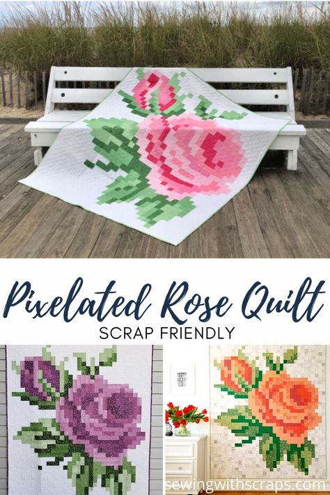 Pixilated Quilt Patterns, Pixel Rose Pattern, Pixel Art Quilt, Pixilated Quilts, Pixelated Quilt, Rose Garden Quilt, Rose Quilt Block, Flower Quilt Blocks, Rose Quilt Pattern