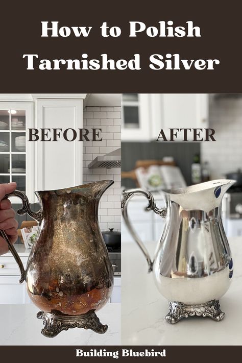 How to easily polish tarnished silver to make it look new again Antique Silver Decor, Diy Silver Polish, Silver Display Ideas, How To Polish Silver, Silver Polish Diy, Decorating With Silver Pieces, Decorating With Vintage Silver, Silver Trays Decor Ideas, Polishing Silver