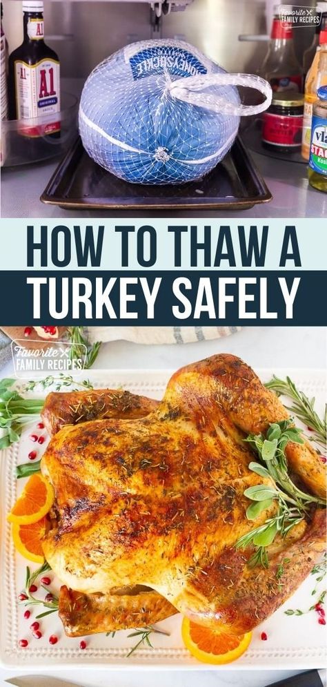 Learn how to thaw a turkey in the safest ways possible. The best way to thaw a frozen turkey safely is thawing in the refrigerator. This allows for the frozen turkey to thaw at a slow rate. Simply put it in the fridge on a tray and allow it to thaw slowly. Need to thaw and cook your turkey fast? There is a safe and easy solution for that too! How To Cook A Frozen Turkey, How To Defrost A Turkey, Quick Thaw Turkey, Frozen Turkey Recipes, How To Thaw A Turkey Quickly, How To Defrost A Turkey Frozen, When To Take Turkey Out To Thaw, 15 Lb Turkey Cooking Time, Defrosting Turkey Frozen