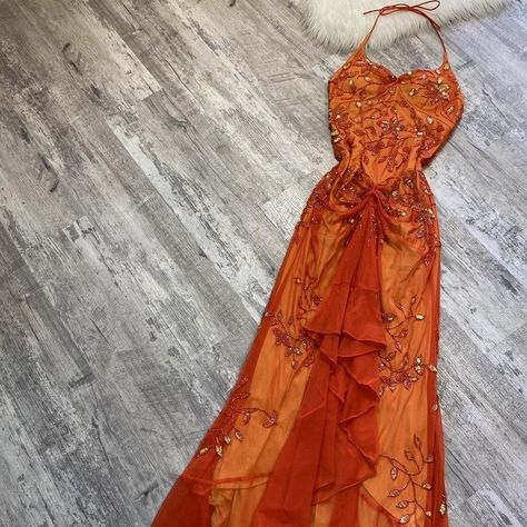 Orange Beaded Dress, Whimsigoth Ball Gown, Deep Orange Dress, Orange Gowns Elegant, Aesthetic Orange Dress, Orange Gown Aesthetic, Retro Formal Dresses, Vintage Orange Dress, Orange Grad Dress