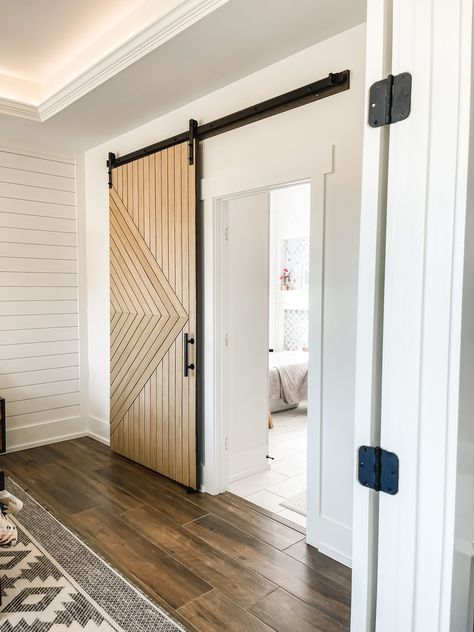 Modern Farmhouse Sliding Doors, Barn Door Over Closet, Sliding Door Farmhouse, Modern Barn Door With Mirror, Sliding Ceiling Door, Barn Door On Closet Bedrooms, Double Sliding Door Closet Organization, Sliding Door On Rail, Modern Barn Doors Sliding Bathroom