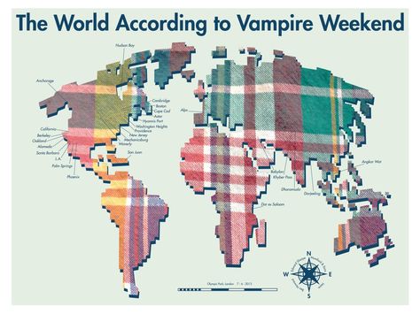 "The World According to Vampire Weekend (Unofficial) Gig poster for the Olympic Park, London show. Marks most of the band’s lyrical references to places across the globe." (via fontfreak, Tumblr) Vampire Weekend Poster, Weekend Poster, Hyannis Port, Modern Vampires, Hippo Campus, Vampire Weekend, Gig Poster, Big Words, London Park