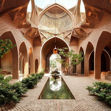 This luxurious mud brick home, nestled in the heart of a several Persian courtyards, exudes charm and elegance. The courtyard, designed in the archgamified style of ancient Persian architecture, is a captivating blend of tradition and modern luxury. T #architecture #house #interiordesigner #decor #diy #homedecor #amazingarchitecture #interiordesign #contemporaryhome #modern #residence #designer #home #garden Modern Persian Interior Design, Modern Islamic Architecture, Villa Garden Design, Persian Interior Design, Persian House, Arabic House, Arabian Architecture, Iran Architecture, Ancient Persian Architecture