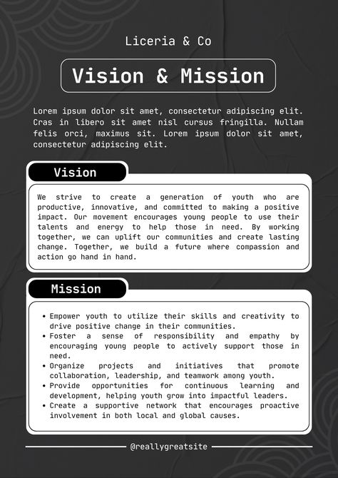 Define your purpose with clarity! Use our Black and White Simple Vision and Mission Poster to showcase your organization's goals and values with style and professionalism. Perfect for creating a bold, minimalistic statement! Mission Statement Design, Mission Statement Template, Simple Poster Design, Vision And Mission Statement, Simple Poster, Statement Template, Mission Statement, Poster Template, Design Template