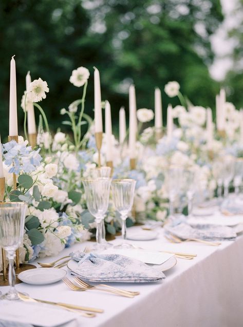 In the heart of Normandy, France, this couple celebrated their union in a chic and classic French style. French Inspired Wedding Reception, French Blue Wedding Party, French Blue And Champagne Wedding, French Blue And Gold Wedding, French Blue Wedding Reception, French Blue Wedding Color Palettes, French Wedding Aesthetic, French Chic Wedding, French Chateau Wedding Aesthetic