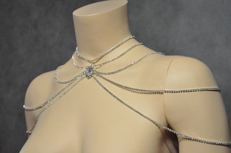 etsy Body Chain Jewelry Silver, Chest Necklace, Crystal Body Chain, Shoulder Chain Jewelry, Thigh Chain, Shoulder Jewelry, Shoulder Necklace, Pretty Jewelry Necklaces, Necklace Bridal