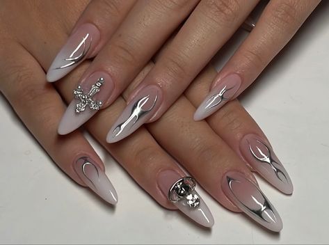 Nails 2023 Trends 3d, Grey Douyin Nails, Y2k Nail Inspo Long, Nails Decoration Ideas, Cybersigilism Nails, White Aura Nails, Uñas Y2k, Y2k Nail Art, Hand Painted Nails