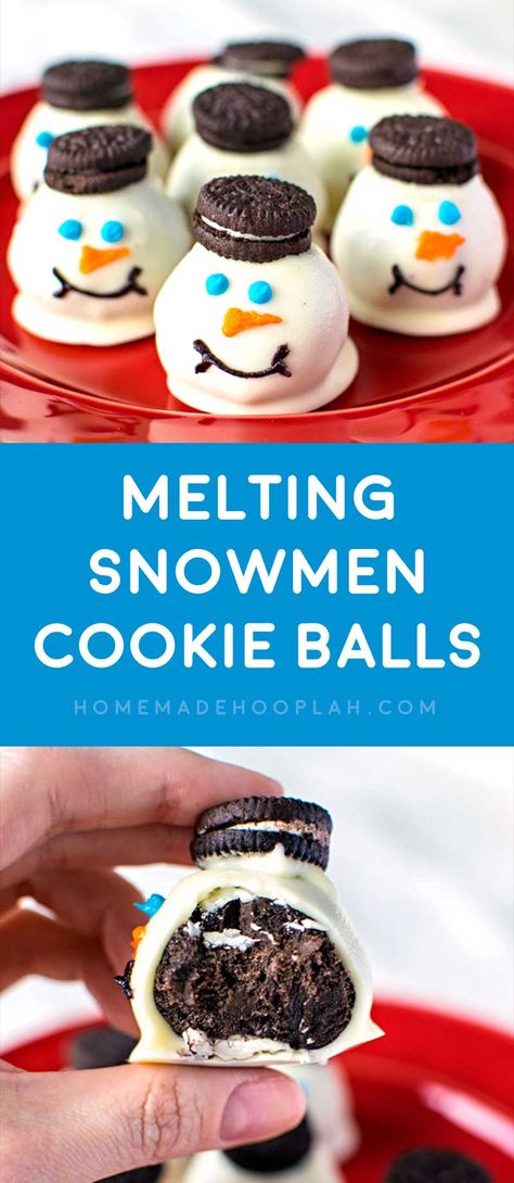 Melting Snowmen Cookie Balls! Festive snowmen cookies made with a crushed Oreo mixture that's dipped in white candy and topped with Mini Oreo hats. VERY easy to make! | HomemadeHooplah.com Snowmen Cookies, Christmas Treats To Make, Melted Snowman Cookies, Crushed Oreo, Oreo Cookie Balls, Cookies To Make, Cookie Balls, Melting Snowmen, Easy Christmas Treats