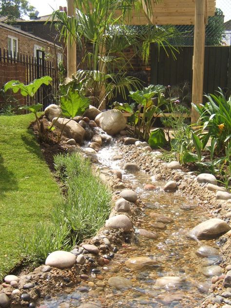 water feature Farmhouse Water Feature, Garden River Water Feature, Backyard Creek, Landscaping Water Feature, Backyard Waterfall, Wildlife Pond, Soil Erosion, River Rock Landscaping, Outdoor Ponds