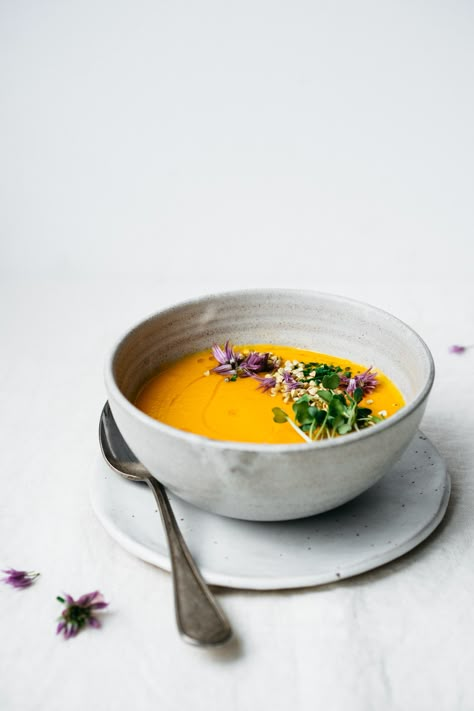 Carrot Ginger Soup - TENDING the TABLE Hazelnut Soup, Food Recipes Soup, Soup Meal Prep, Soup Carrot, Soup Photography, Fried Sage, Carrot Ginger Soup, Ginger Soup, Whats Cooking