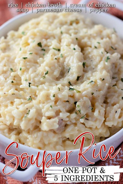 5 Ingredient Souper Rice is a flavorful side dish, perfect to serve with any dinner. Start-to-finish ready in under 15 minutes and made using just one pot, this rice will be your new favorite! Rice Recipes With Cream Of Chicken Soup, Souper Rice Instant Pot, Rice Side Dish Recipes Instant Pot, Creamy Rice Instant Pot, Cream Of Chicken Rice Recipes, Instant Rice Recipes Side Dishes, Minute Rice Recipes Side Dish, Souper Rice, Rice Recipe Instant Pot