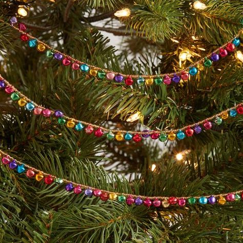 Multicolor Mini Bell and Gold Bead Garland by World Market Natal, Multicolor Christmas Tree Decorations, Gold Bead Garland, Vintage Nye, Eclectic Christmas Decor, Tree Material, Christmas Cabin, Kitschy Christmas, Retro Christmas Decorations