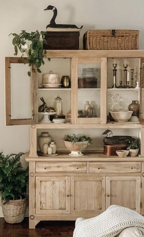 Farmhouse China Cabinets, Antique Wine Cabinet, How To Style China Cabinet, Boho China Cabinet Display, Vintage Hutch Decor, Cottage China Cabinet, Top Of China Cabinet Decor, Decorating A Hutch, Farmhouse Dining Room Hutch