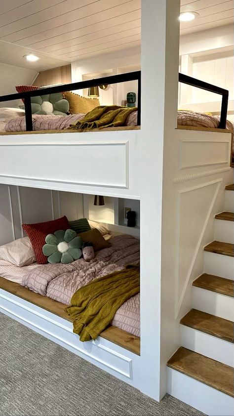 I wanted to create a built in bunk bed for my girls! This has always been a dream of mine and I am so happy to have been able to create this for them! Check out my instagram on how I was able to put it all together! Built In Loft Beds For Kids, Full Size Bunk Beds Diy Built Ins, Bunk Rooms Built In, Girls Bunk Room, Built In Beds For Kids, Built In Bunk Beds Small Room, Diy Built In Bunk Beds, Built In Loft Bed, Built In Bunk Beds