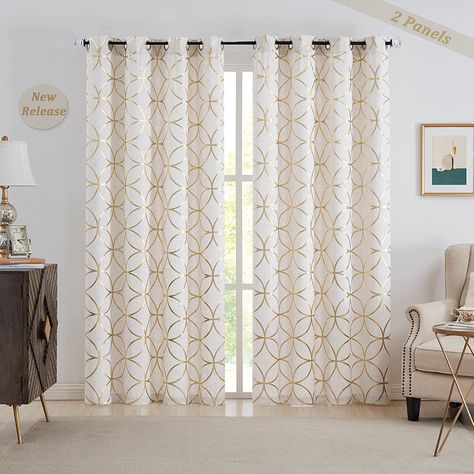 Amazon.com: Linen Window Curtain Panels Metallic Geo Moroccan Tile Foil Print Semi Sheer Draperies for Bedroom Living Room, Light Filtering Window Treatments, Grommet Top Panels Set of 2, 55"Wx63"L, Gold : Home & Kitchen Patterned Window Treatments, Light Filtering Window Treatments, Ivory Curtains, Style Marocain, Curtains Living, Sheer Drapes, Moroccan Tile, Drapery Panels, Printed Curtains