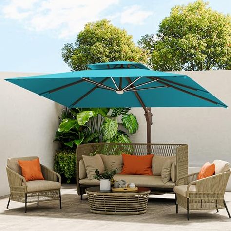 MEVBC 10 X 13 FT Cantilever Outdoor Patio Umbrella Rectangular Umbrellas with Led Lights Large Heavy Duty 360° Rotation Double Top Offset Umbrella for Outside Deck Backyard Garden Pool, Turquoise Rectangular Patio Umbrella, Deck Backyard, Cantilever Patio Umbrella, Shade Umbrellas, Offset Umbrella, Decks Backyard, Garden Pool, Garden Structures, Garden And Yard