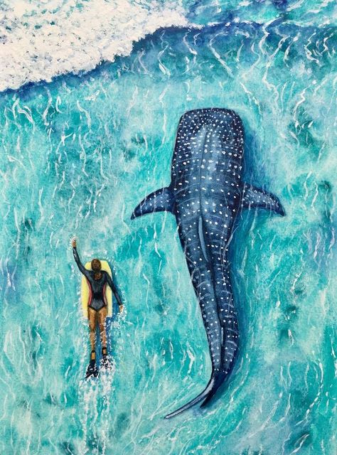 Shark Painting, Surf Painting, Shark Drawing, Shark Art, Whale Art, Art Watercolor Painting, Sea Painting, Sketchbook Art, Whale Shark