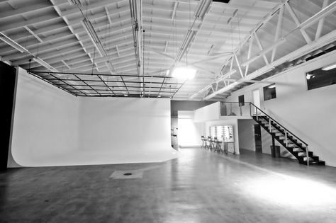 This is a premier creative studio space designed for photography, film productions, and hosting amazing events. The newly renovated space is extremely versatile with an open floor plan that can be set up according to your needs. Featuring open industrial warehouse, exposed ceiling, white brick walls, optional skylights, and concrete floors – it’s a blank canvas ready for your creation.The studio utilizes the on-site equipment from its personal inventory along with renting from third part Warehouse Studio Photography, Production Studio Design, White Brick Wall Bedroom, White Brick Wall Interior, Concrete Warehouse, Film Production Studio, Brick Wall Interior Design, Warehouse Office Design, White Warehouse