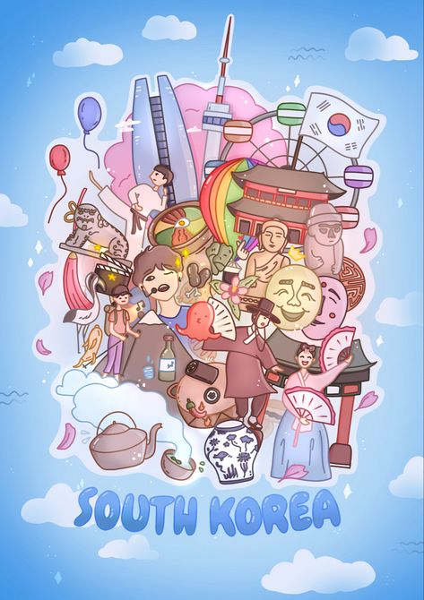 Poster with all the things that are in South Korea from food to buildings, ceramics, fan, taekwondo, kpop South Korea Doodle Art, South Korea Paintings, South Korea Drawing, Hairstyle Traditional, Korea Drawing, Korea Illustration, Korea Poster, Korea Country, Art Fundraiser