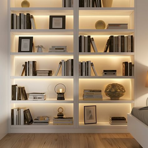 bedroom_Photorealistic_detail-focused_image_of_white 3 Home Office With White Bookshelves, White Book Shelves Living Room, Bedroom Inspirations Bookshelves, Room Ideas Bookshelves, Built In Bookshelves Bedroom, Office Book Shelves, Book Shelves Ideas, Book Shelves In Bedroom, Bookcase Design Ideas