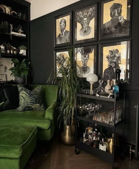 Green Couches, Bedroom 2023, Bed Design Ideas, Moody Decor, Deco Studio, Dark Home Decor, Goth Home Decor, Dark Home, Luxury Bed