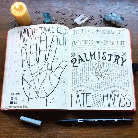 342 Likes, 9 Comments - Sabrina’s Bullet Journal (@nouveaubujo) on Instagram: “My palmistry mood tracker. 🖐🏼✨🔮 Inspired by @arcandemy’s Grimoire pages. Swipe ➡️ for a closer…” Moon Journal, Grimoire Book, Spiritual Journals, Book Of Shadow, Witch Spell Book, Palm Reading, Bullet Journal Notebook, Witch Books, Bullet Journal Themes