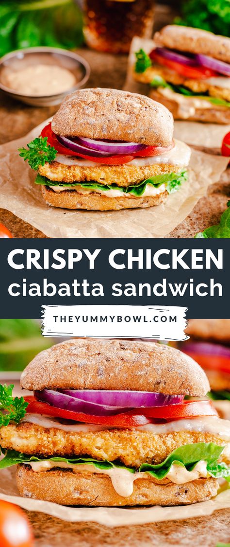 This crispy chicken ciabatta sandwich is delicious and loaded with pan-fried breaded chicken breast, crispy ciabatta buns, crunchy lettuce, creamy paprika sauce and comes out perfect EVERY TIME. No deep-frying required! Ciabatta Buns Sandwiches, Chibatta Sandwich Recipes, Chibatta Sandwiches Dinners, Ciabatta Sandwiches, Recipes With Chibata Bread, Chicken Ciabatta Sandwich Recipe, Chicken Ciabatta Sandwich, Ciabatta Bread Ideas, Ciabatta Sandwich Recipes Chicken