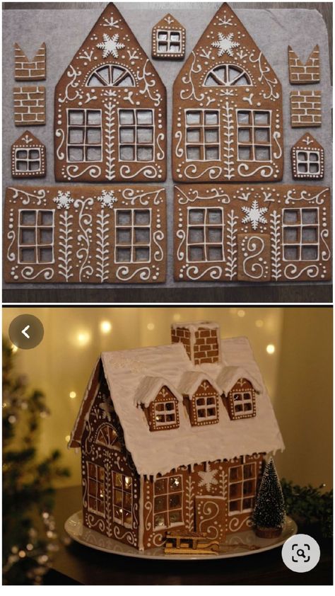 Dark Gingerbread House, Ginger Bread Cookie Decorations, Gingerbread Bird House Ideas, Nordic Gingerbread House, Ginger Bread House Printable Template, Pharmacy Gingerbread House, Gingerbread House Piping Ideas, Gingerbread Piping Ideas, Mini Ginger Bread Houses