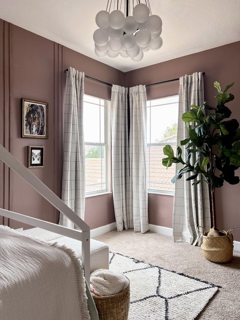 How To Create a Boho Mauve Girl's Bedroom with a House Bed - XO My Home Glidden Dusty Mauve, Behr Mauve It, Mauve Paint Colors Behr, Perfect Mauve Paint Color, Mauve Room Paint, Mauve Master Bedrooms Decor, Mauve Toddler Girl Room, Toddler Girl Room Paint Colors, Light Mauve Paint